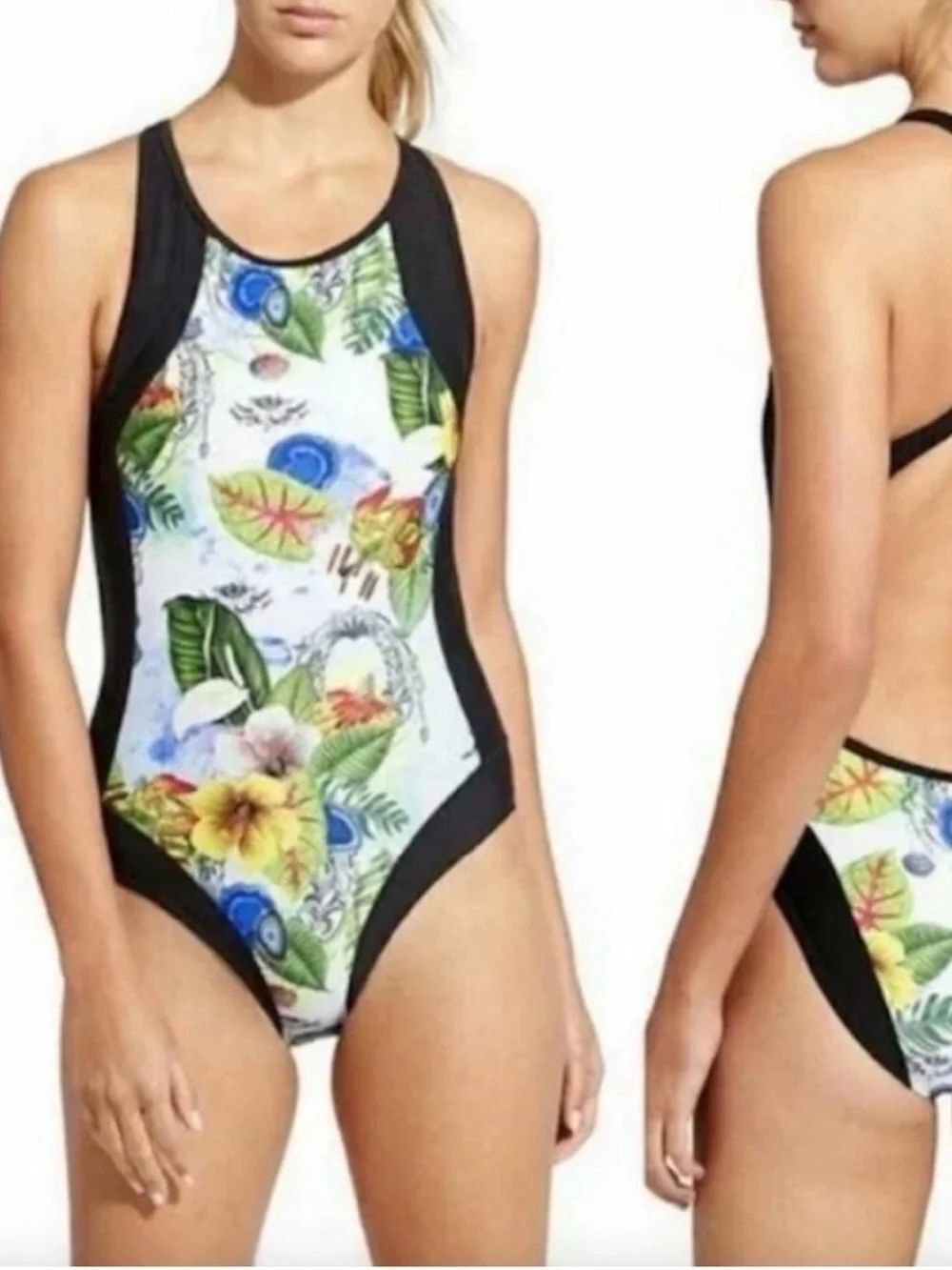 ATHLETA Floral Tropical One-Piece Swimsuit with Black Trim MEDIUM